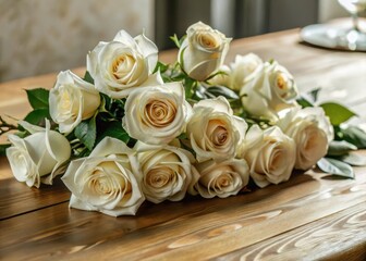 Elegant white roses adorn a minimalist table, adding a touch of sophistication to any setting