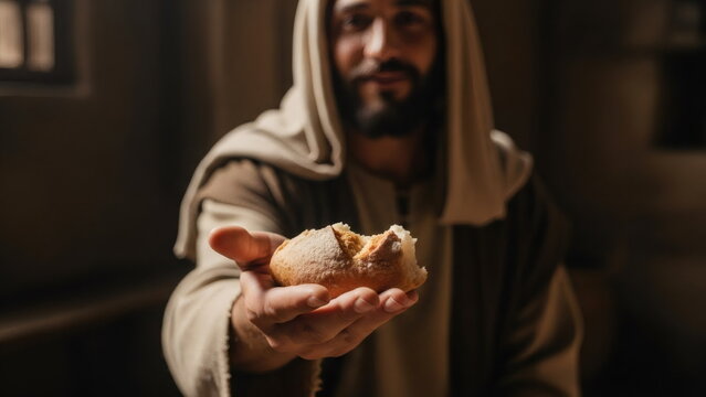 Jesus breaks bread with his hands. The religious concept of the sacrament of the Eucharist. Christian faith, Holy Communion, a symbol of communion.