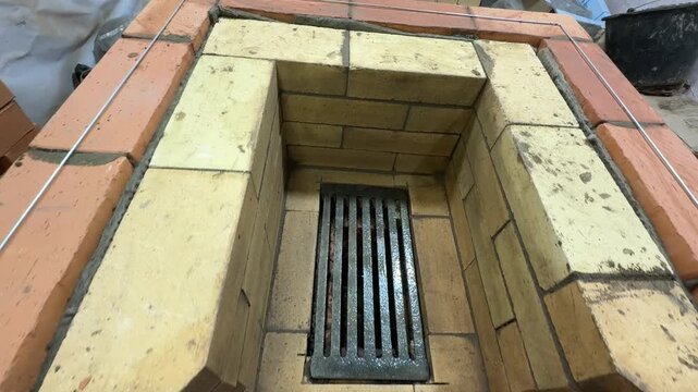 Building a new heating stove. Firebox made of fireclay brick with a cast iron grate. Reinforced masonry.