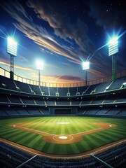 Understated grandeur unfolds beneath the radiant stadium lights on a baseball field at night