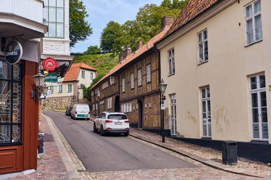Helsingborg, sweden, helsingborg historic city street with traditional architecture, timber framed houses, and winding cobblestone roads embodying european travel and culture