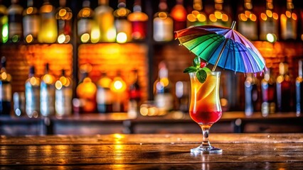 A colorful cocktail with an umbrella and garnish sits on a wooden bar