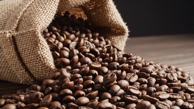 Roasted coffee beans spilling from a burlap sack onto a wooden surface. Dark, inviting colors