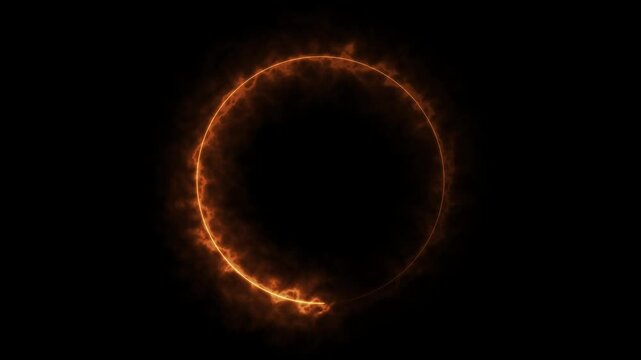 Fiery orange glowing circle spinning around empty black dark background loop motion