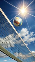 A thrilling spike sends the ball soaring through the air on a sunny day court, capturing the dynamic movement and energy of a competitive sport