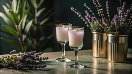 Elegant Lavender Mocktails Served in a Soft Focal with Pastel Hues and a Warm Ambient Lighting