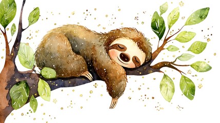 Obraz premium Watercolor Illustration Cute Baby Sloth Sleeping on Tree Branch Watercolor Illustration. Whimsical Nursery Art and Wildlife Concept. Sleeping sloth on a tree branch with a celestial pastel background.