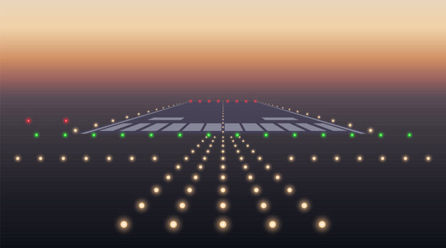 Runway lights at dawn. The runway as seen from the cockpit during landing at night.