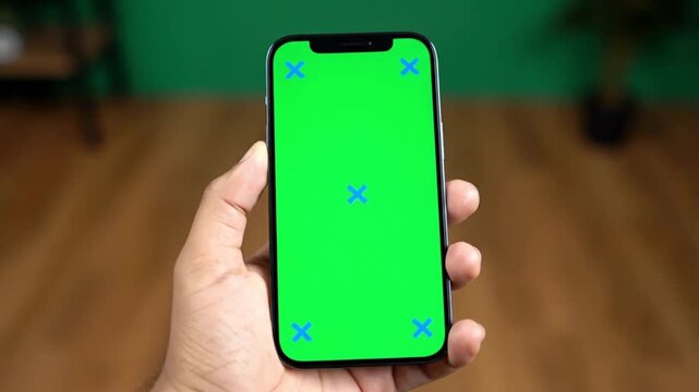 Hand holding smartphone with green screen for easy customization and branding