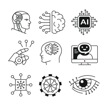 Hand drawn vector icon set of AI technology. Artificial intelligence black line symbols. Brain, chip, robot, machine learning, cloud computing, etc. Clean outline style digital icons collection.
