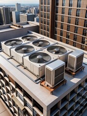 Heres the expanded metadata  Commercial building ventilation and air conditioning units atop highrise structure with large rooftop HVAC systems
