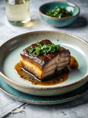 Braised pork belly glows with caramelized goodness, its crispy skin giving way to tender, juicy flesh served alongside a tangy, herbinfused sauce and