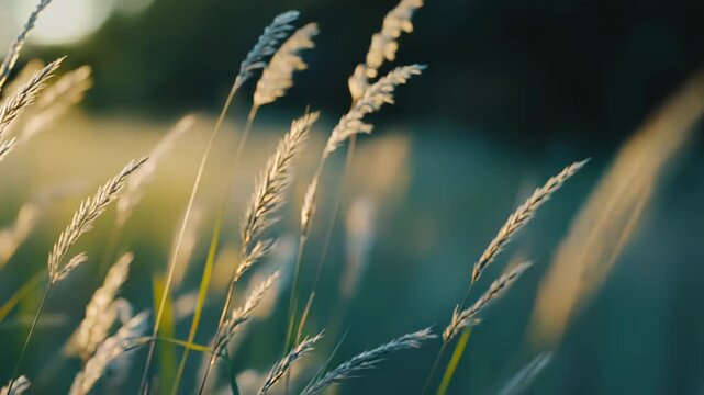 Wild grass spikes sway gently in an outdoor field, catching golden hour sunlight against a soft, defocussed background, evoking concepts of nature, growth, and tranquility
