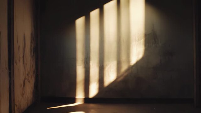 Sunlight cuts through a window into a dim interior, casting warm parallel beams and stark shadows across a textured floor and weathered wall, evoking solitude and hope