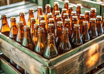 A colorful array of vibrant orange glass bottles sit stacked in a rustic wooden crate, awaiting shipment to a local market