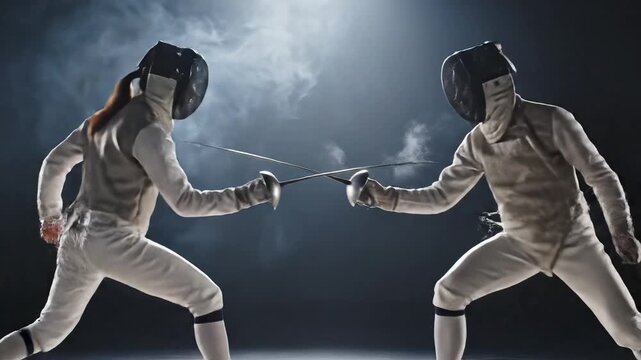 Two fencers in combat stance