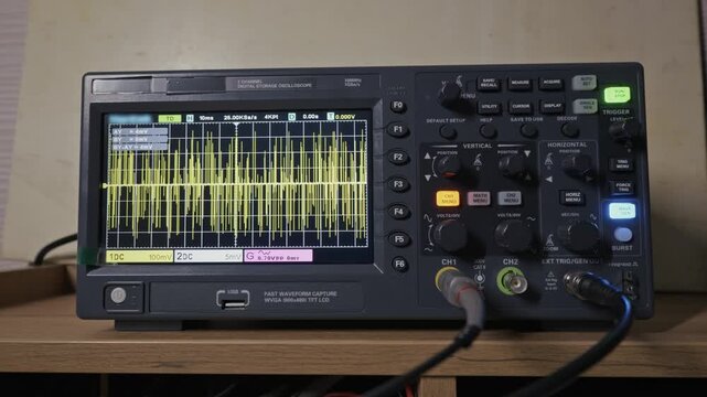 A digital storage oscilloscope on a workbench displays a complex, fluctuating electrical signal on its screen. Concept of electronic diagnostics, scientific measurement, and engineering research.