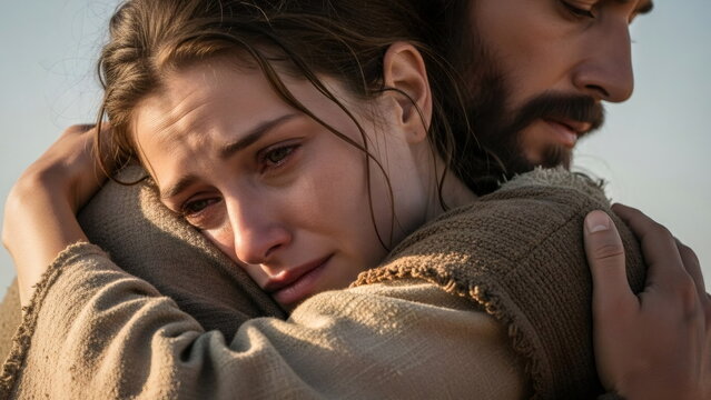 Man embraces a crying woman with deep emotion, offering comfort and support. Historical biblical scene depicting compassion and empathy.