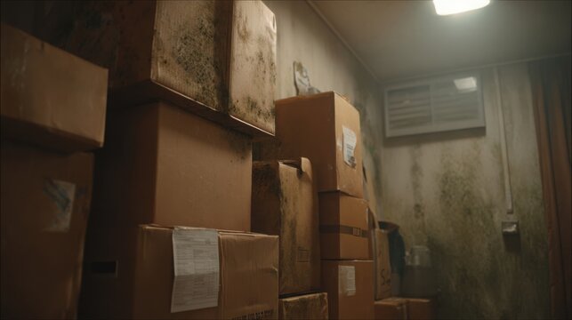 Deteriorated cardboard boxes with mold and water damage stacked in a discolored storage room