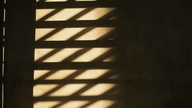 Sunlight casting strong geometric shadows from a window or grille onto a textured concrete wall and ground creates a contrasting and abstract pattern, implying concepts of hope and confinement