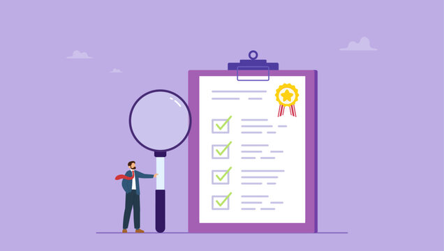 Businessman hold magnifying glass with standard QC badge document. Standard, quality control or certified approval, corporate policy or compliance, guarantee checklist document, assurance.