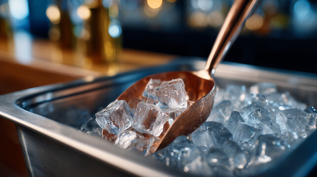 Copper scoop full of cubic ice in a metal ice bucket. Refreshing cold beverage concept for drink and bar menu.