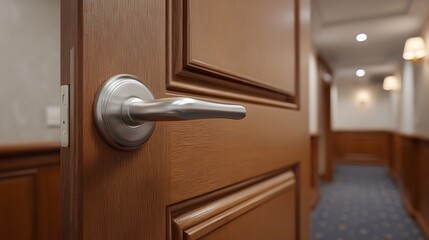 Obraz premium Close up of a wooden door with a silver handle opening into a carpeted hallway with ambient lighting