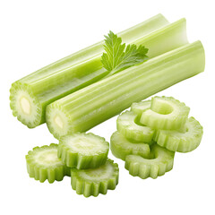 Fresh green celery stalks with parsley and slices
