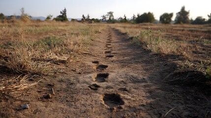 A solitary dirt trail imprinted with footprints winds through a dry grassy field under a pale sky