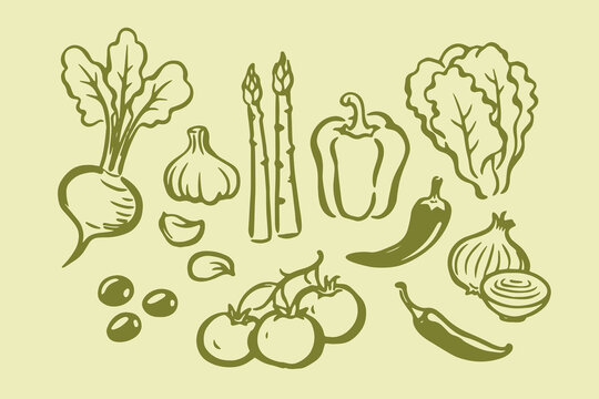 Vegetable set hand drawn doodle line art vector illustration