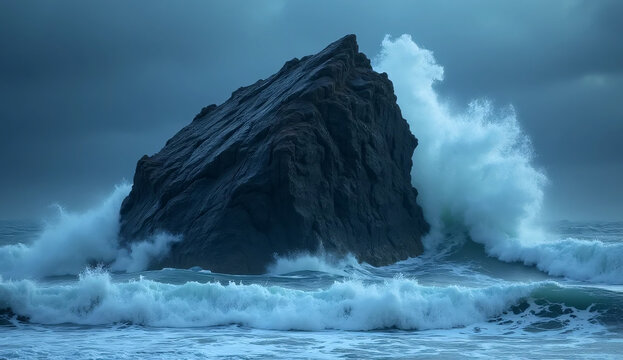 Massive Dark Ocean Sea Stack Rock Formation Enduring Powerful Stormy Waves Crashing Violently Against Rugged Coastal Geology During Twilight
