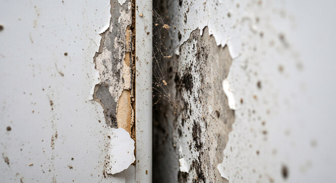 Severe Peeling Paint Texture Showing Dark Mold Growth And Deterioration In The Corner Gap Of A Neglected Household Wall Structure