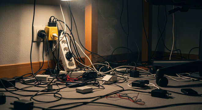 Extreme Electrical Cable Clutter Mess Involving Overloaded Power Strips And Numerous Charging Adapters Creating A Hazardous Wire Spaghetti Situation