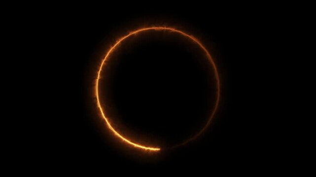 Glowing orange fire ring drawing process abstract futuristic energy flow loop clip on isolated black background