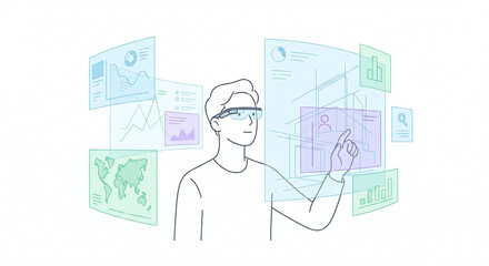 ARグラスでデータを操作する男性のイラスト。ビジネスやテクノロジーのコンセプト。