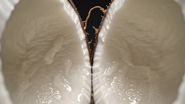 A close-up of a halved coconut with white flesh and liquid, against a black backdrop