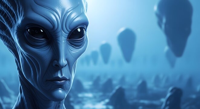 Ancient grey alien leader with elongated head and wrinkled skin. Galactic council and planetary leadership. Wise extraterrestrial entity standing in a hazy blue alien landscape