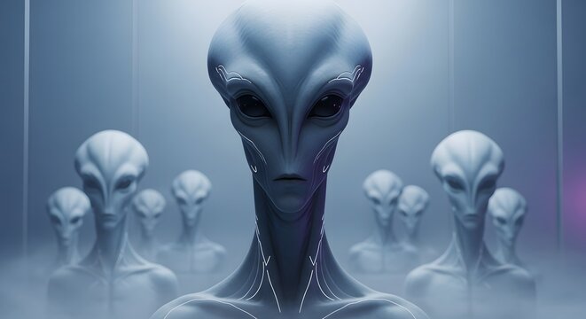 Advanced grey alien with white cybernetic facial markings. Futuristic genetic engineering and biometrics. Humanoid leader posing in a high-tech laboratory corridor