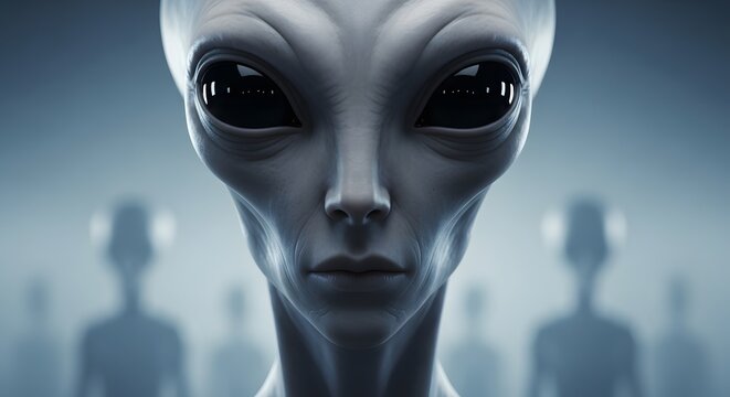 Detailed portrait of a wrinkled grey alien showing signs of aging. Ancient species and sentient life. Wise extraterrestrial entity standing in a soft blurred blue background