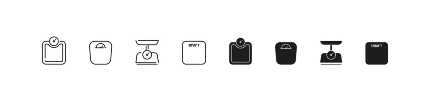 Weight scales vector filled and outline icon set. Measurement, balance, and body weight control collection.