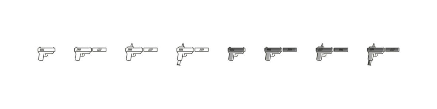 Gun accessories vector outline colored icon set. Tactical equipment and firearm add ons collection