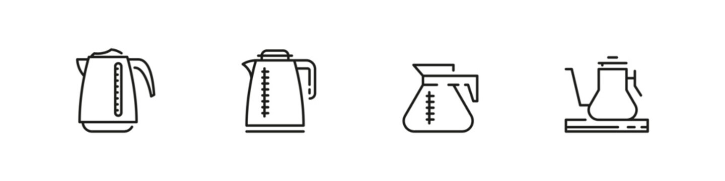 Kettle vector outline icon set. Kitchen appliance for boiling water and tea