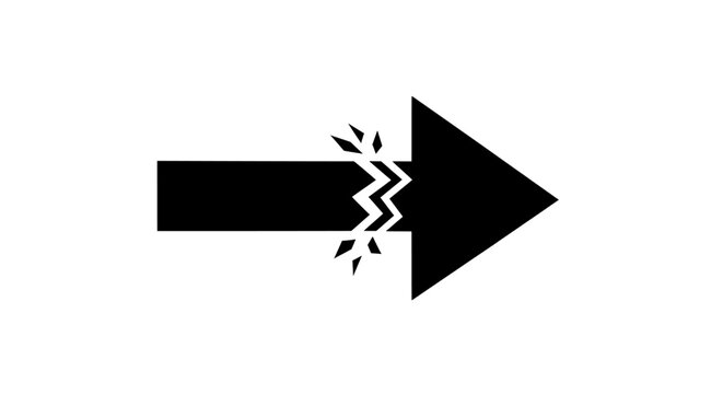 Bold Black Arrow with Cracked/Shattered Midsection Symbolizing Breakthrough, Disruption, Impact, or Forceful Transition in Conceptual Design
