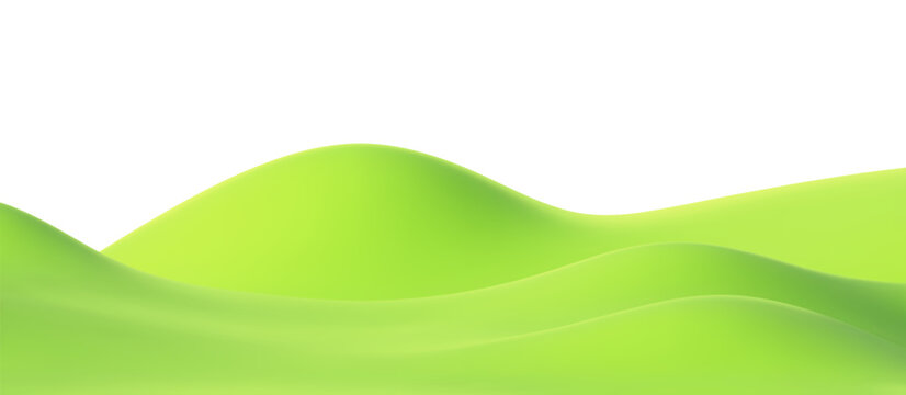 3D green grass hills isolated on a transparent background. Cartoon nature fields with valley and meadow landscape. Backdrop for kids podium, eco projects, spring or summer scenes. Vector bg