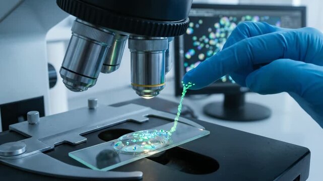 Laboratory technician in blue gloves examines a glass slide under a microscope, observing colorful samples with a computer monitor displaying data in the background