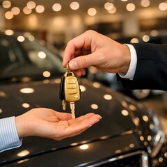 AI-generated illustration of car key handover over vehicle hood, automotive purchase concept, ownership transfer, mobility, finance and lifestyle