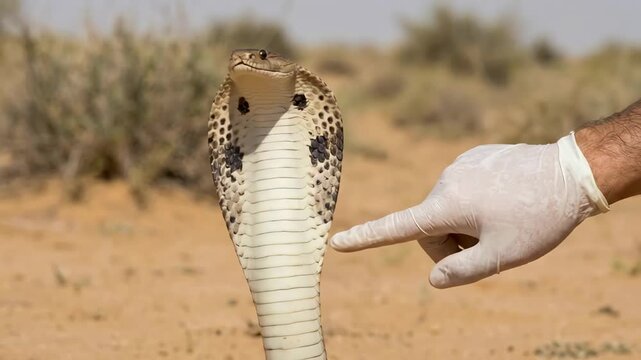 Hand in white glove gently touches the raised hood of a cobra in a desert environment, showcasing the snake's distinctive patterns and textures