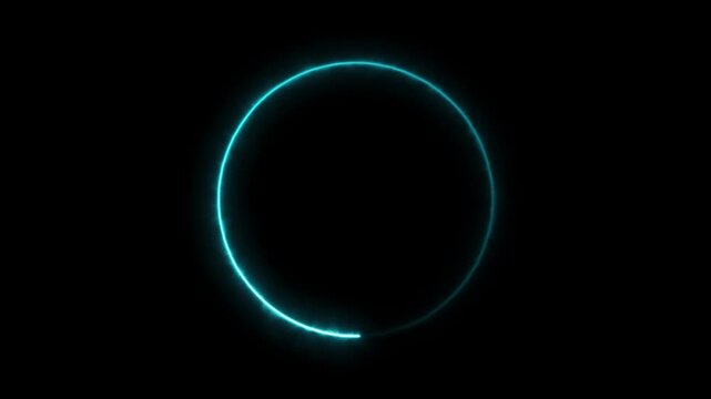 Cyan neon circle loading progress indicator on black background, abstract technology motion