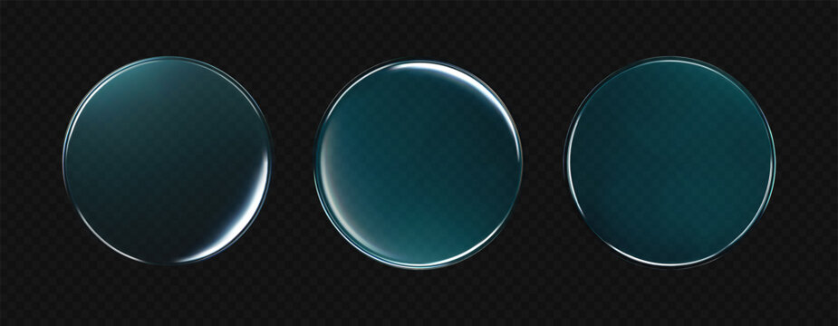 3D glass disc with holographic liquid effect. Transparent glossy UI element. Round acrylic button or mirror, futuristic sphere, lens or token for digital interface, game asset, tech design. 3d vector