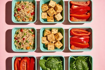 Healthy vegan meal prep containers organized in a neat grid pattern on a bright pink background, flat lay top view for dieting and nutrition concept.